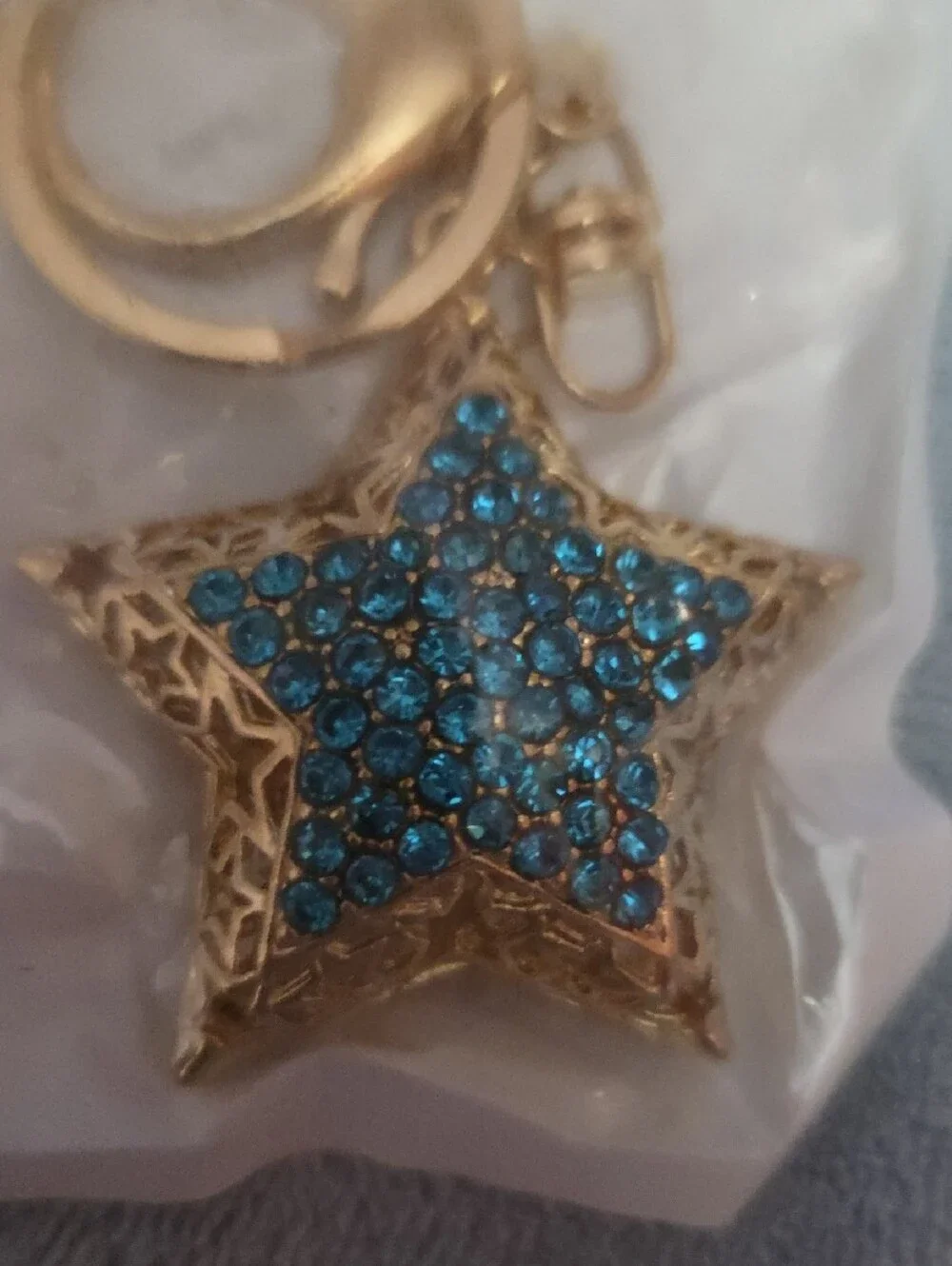 Keychain Gold Star Crystal with Blue Rhinestones NWOT